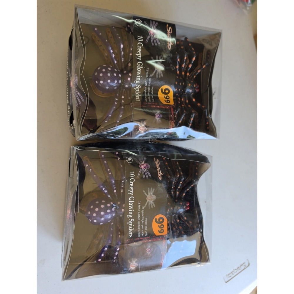 Vtg Lot 2 Rare Halloween 10 Creepy Glowing Spider Lights  7.5 ft Indoor/Outdoor